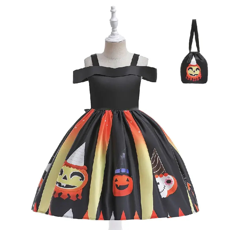 Déguisement Halloween fille tête de citrouille et son sac