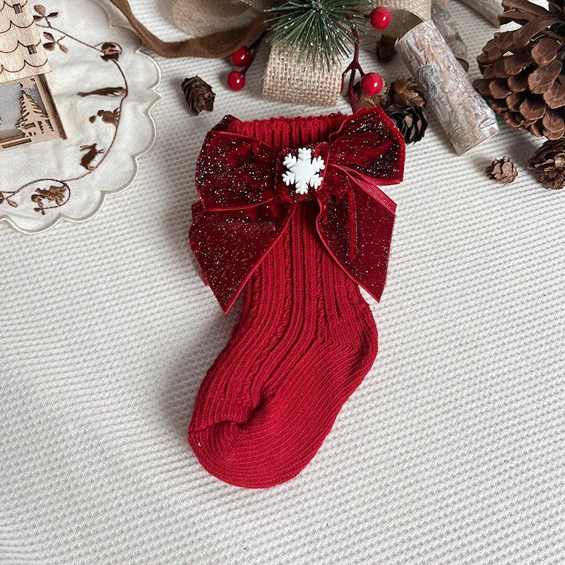 Chaussette de Noël pour fille rouge court flocon de neige