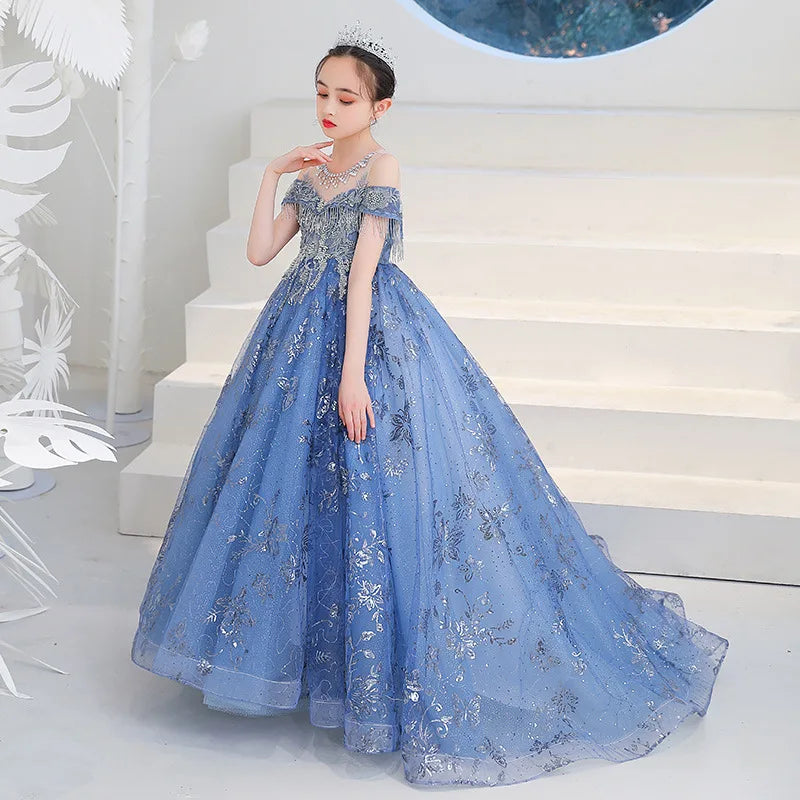 Robe enfant de noël gamme luxe bleu traîne