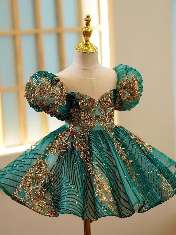 Robe de princesse fille vert et or