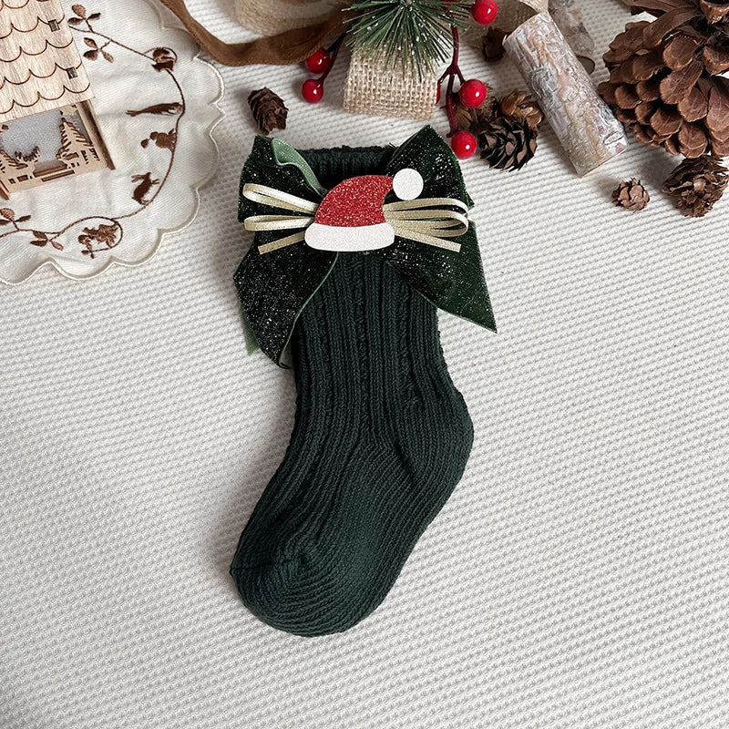 Chaussette de Noël pour fille verte courte chapeau de noel