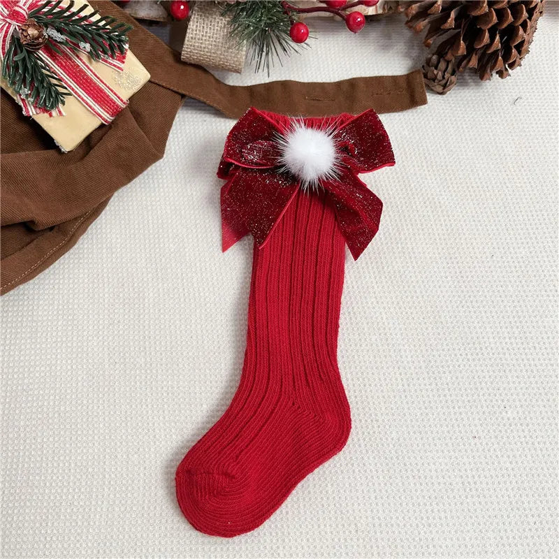 Chaussette de Noël pour fille rouge long ponpon