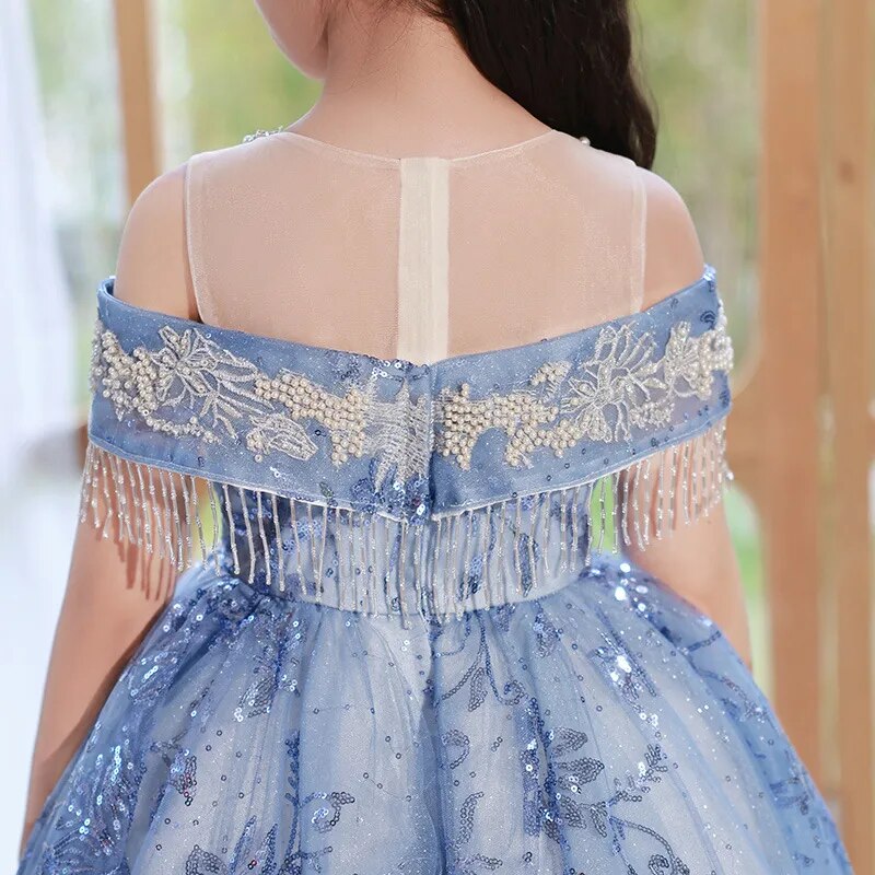 Robe fille de noël gamme luxe bleu traîne