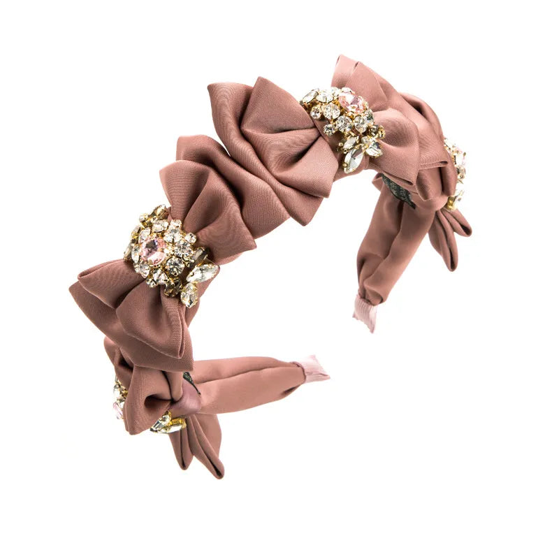 Serre tête nœud et strass fille rose beige