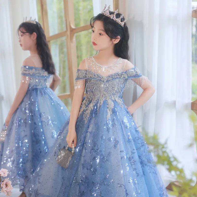 Robe enfant de noël luxe bleu traîne