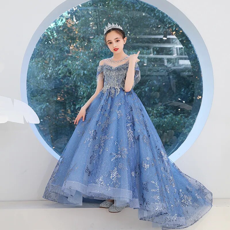 Robe enfant de noël bleu traîne