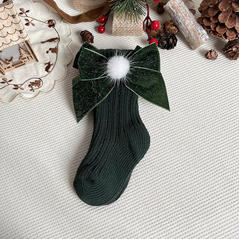 Chaussette de Noël pour fille vert courte ponpon