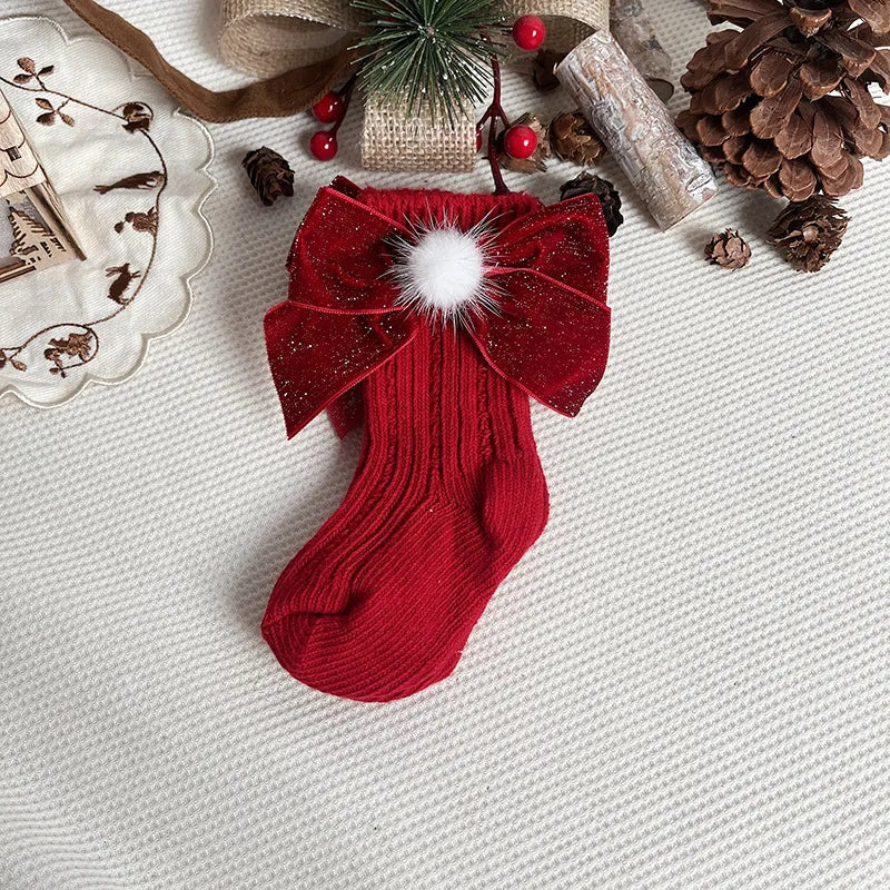 Chaussette de Noël pour fille rouge court ponpon