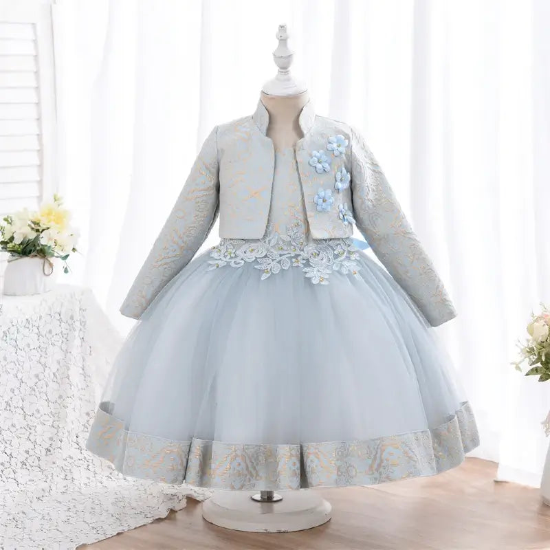Robe cérémonie fille motifs de fleurs bleu ciel