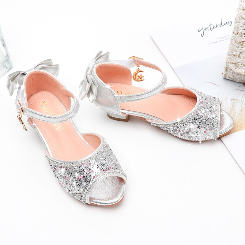 Sandale talon enfant nœud papillon et paillette rose