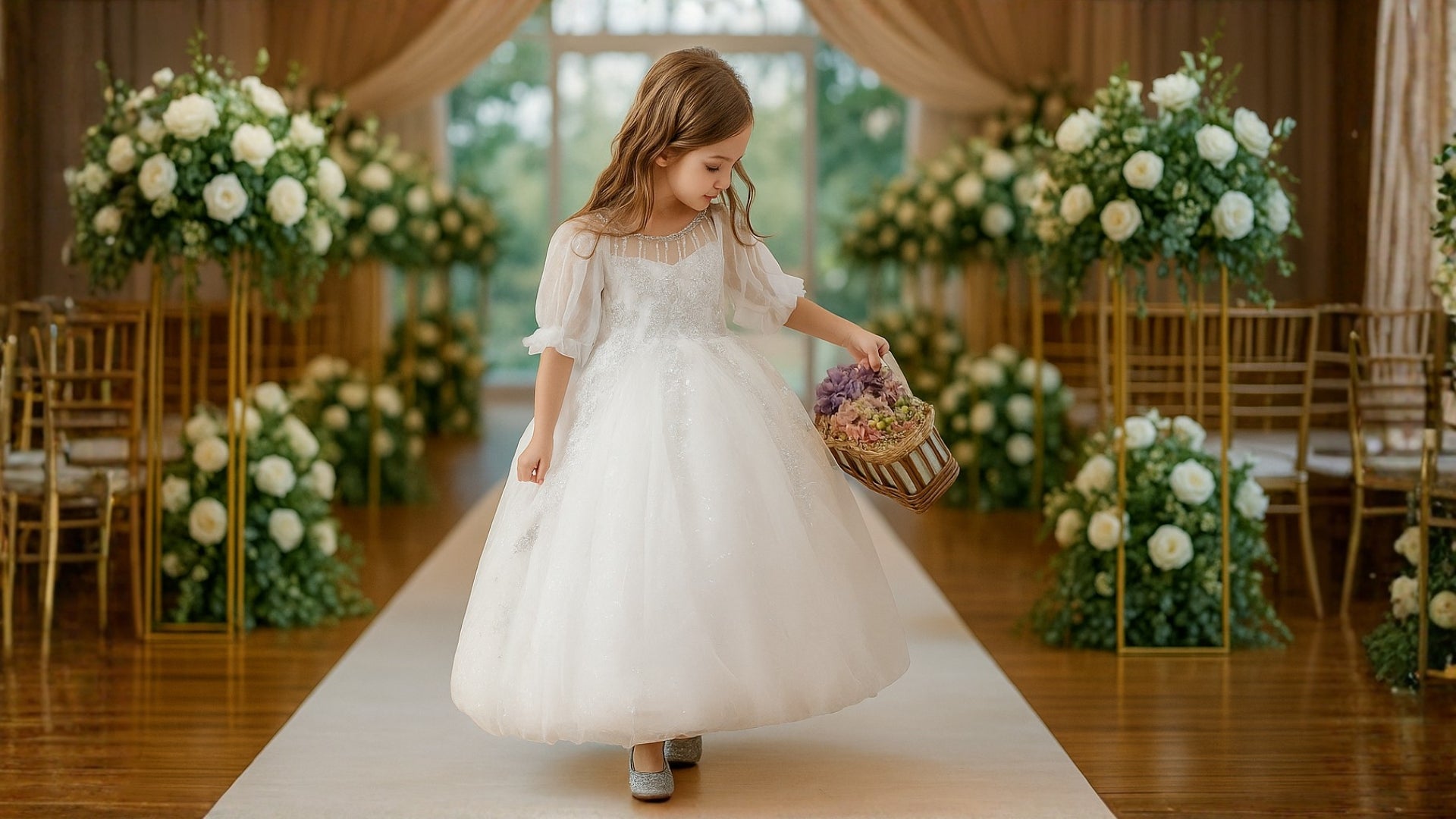 Petite fille portant une robe de cérémonie blanche élégante avec fond de mariage décoré de fleurs et d’arche romantique