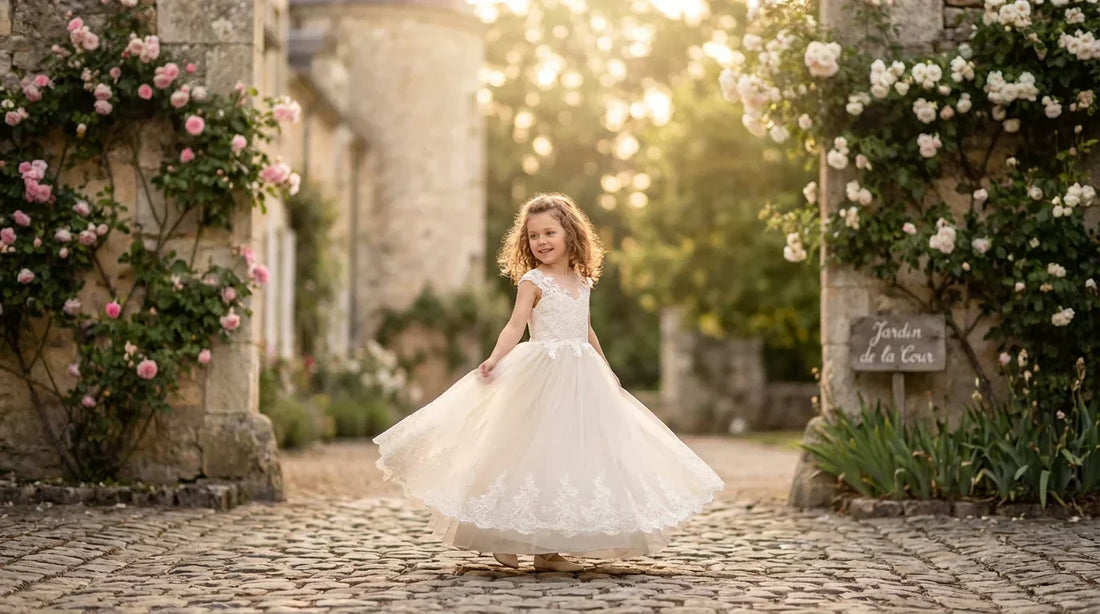 Petite fille portant une robe de princesse en tulle ivoire tournant dans un jardin fleuri devant un château.
