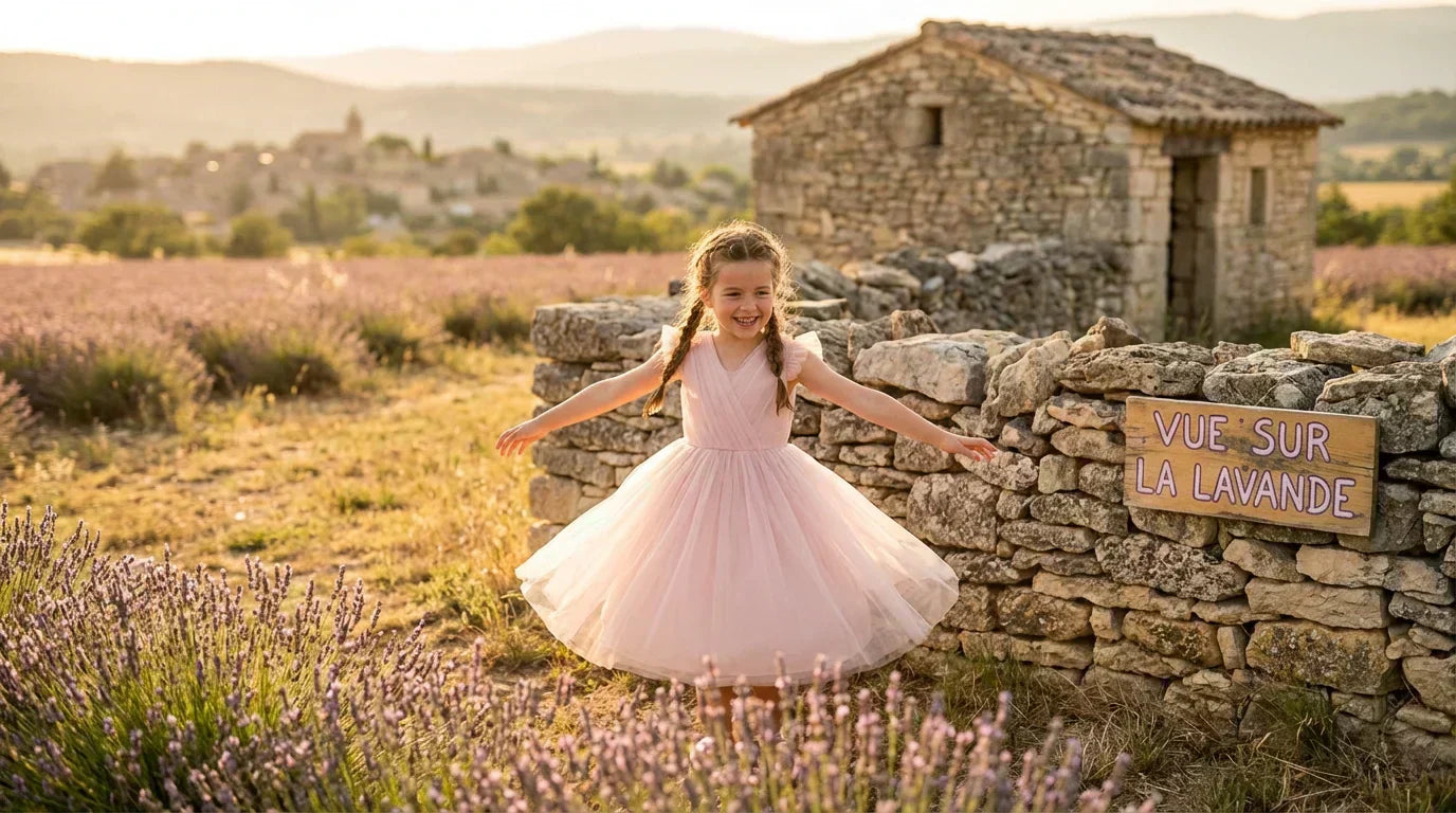 Fillette joyeuse tournant dans sa robe de cérémonie en tulle rose poudré près d'un champ de lavande.