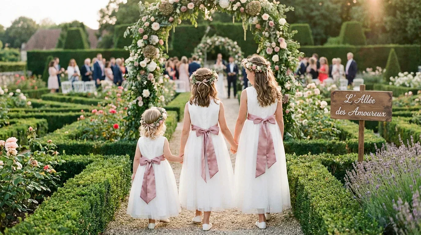 Trois petites filles en robes de cortège blanches avec de grands nœuds en satin vieux rose dans un jardin.
