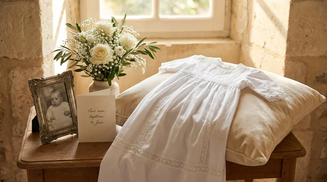 Robe de baptême style moderne avec jupon en tulle et finitions soignées.