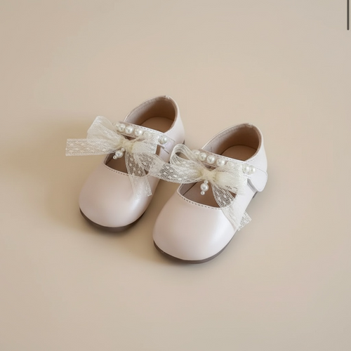 Ballerines enfant nude avec ruban tulle pour cérémonie fillette