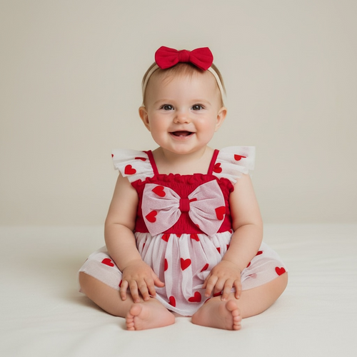 Barboteuse rouge à cœurs pour bébé fille avec jupe en tulle, ensemble Saint-Valentin