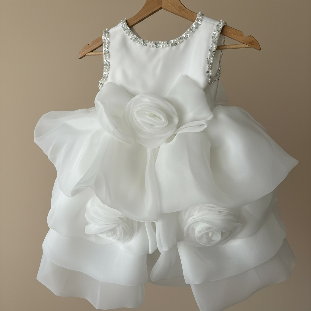 Robe de princesse fille Perla blanche, détail perles épaules