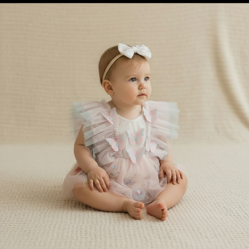 Barboteuse bébé fille anniversaire avec papillons 3D et jupette transparente