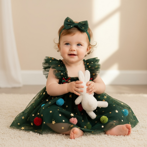 Barboteuse bébé sapin de Noël verte avec bandeau assorti