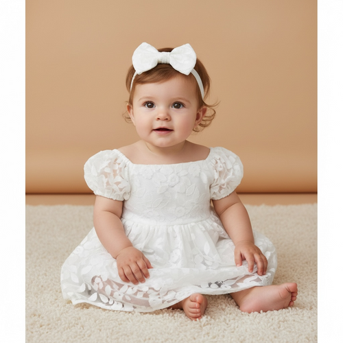 Barboteuse bébé blanche Leva fleurie, bandeau assorti pour baptême