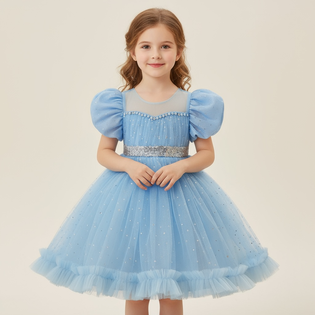 Vestido de cumpleaños azul cielo para bebé niña