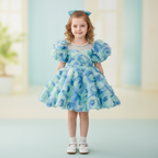 Vestito da compleanno con rosetta blu per bambine 