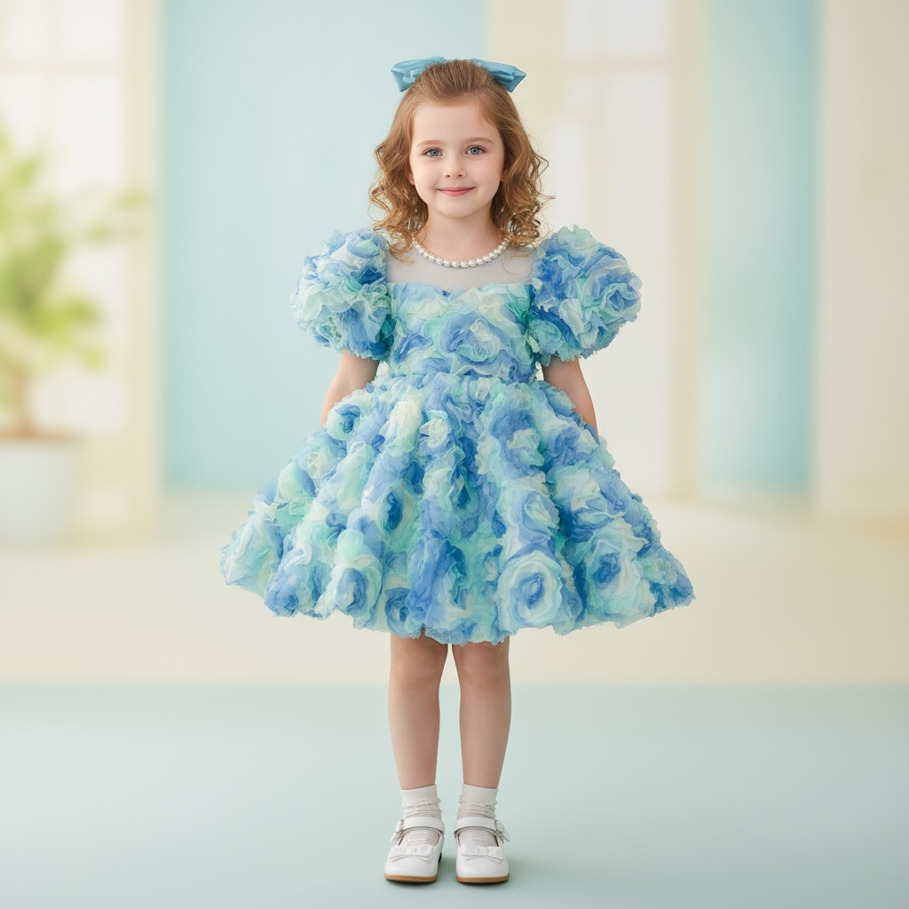 Vestido de cumpleaños para niña con roseta azul 