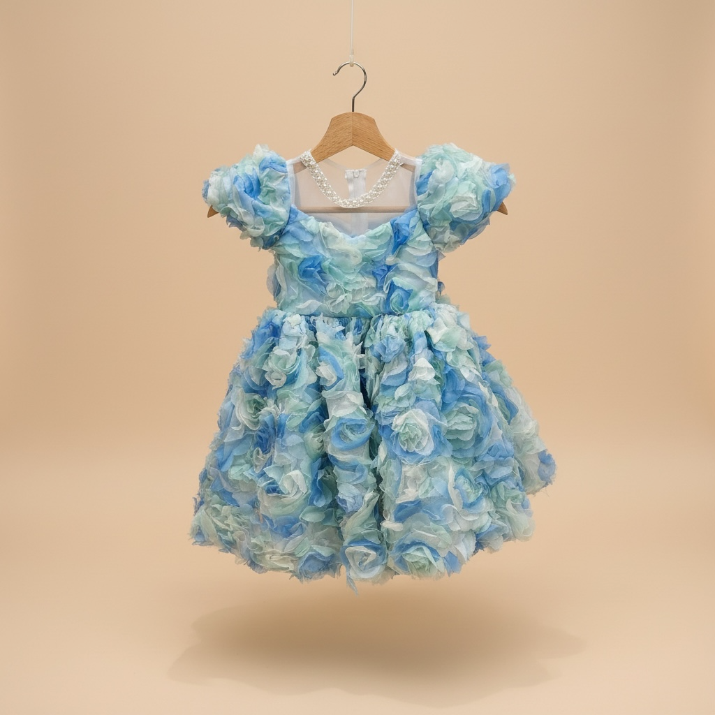Vestido de cumpleaños para niña con roseta azul 