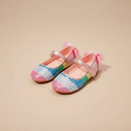 Ballerine enfant nœud papillon paillette arc-en-ciel, vue de face