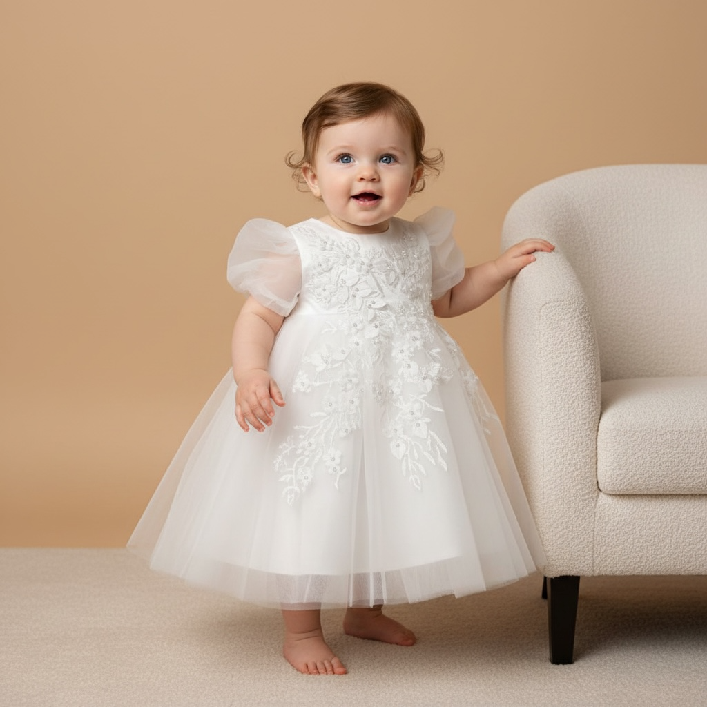 Robe fille baptême blanc fleuries