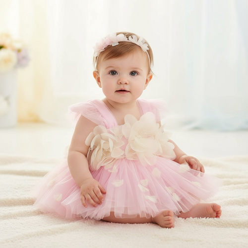 Barboteuse bébé bouquet de fleur rose portée, tenue cérémonie bébé fille