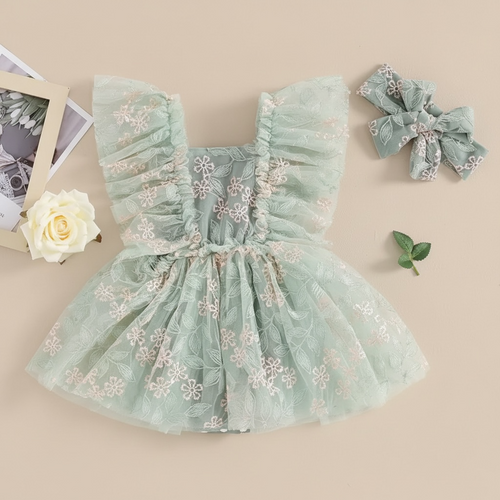 Barboteuse cérémonie d'été vert détail dentelle florale, tenue bébé 12 mois