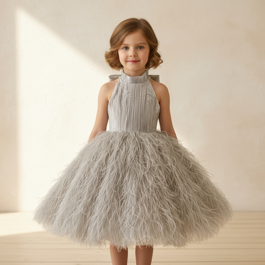Vestido formal de niña con estampado de plumas