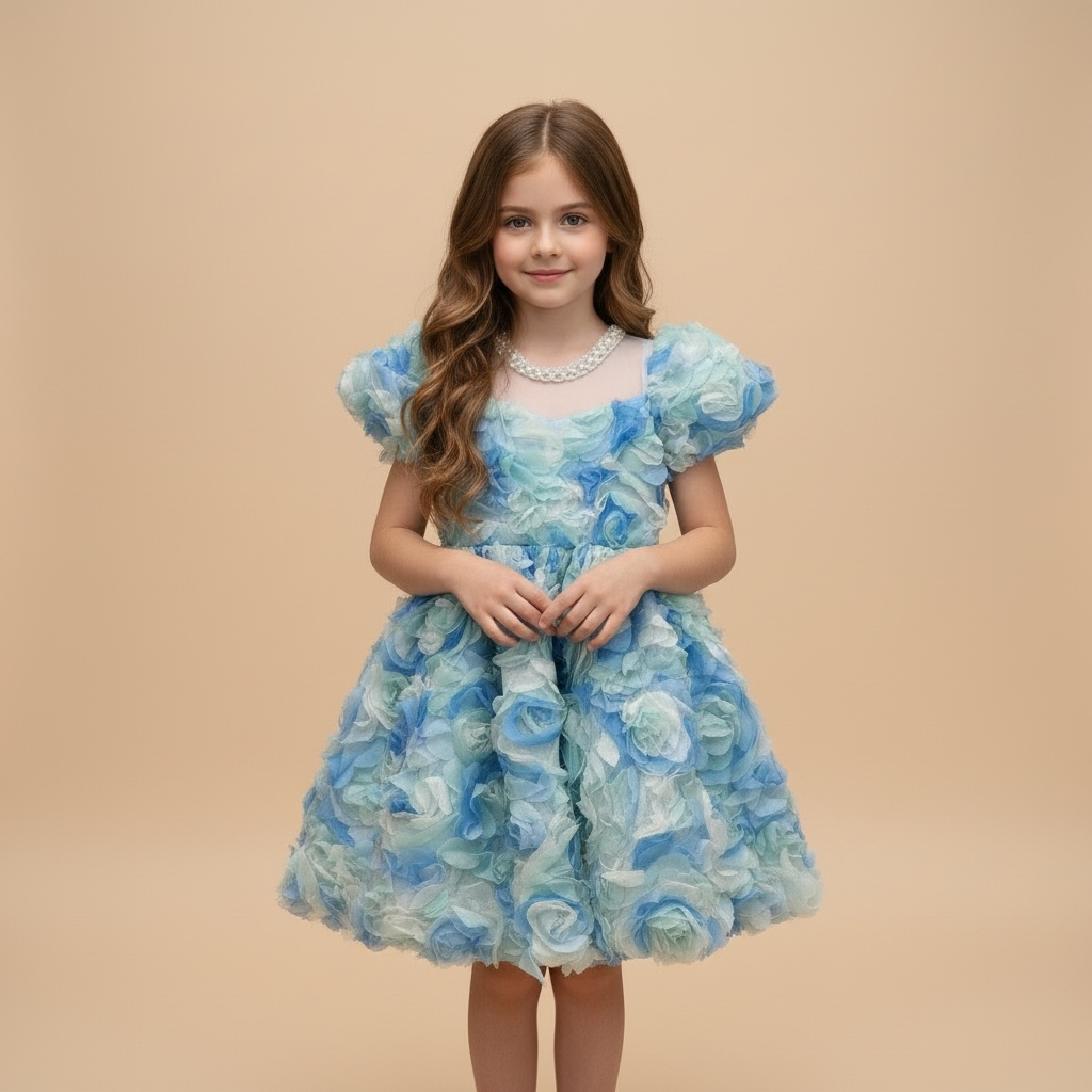 Vestido de cumpleaños para niña con roseta azul 