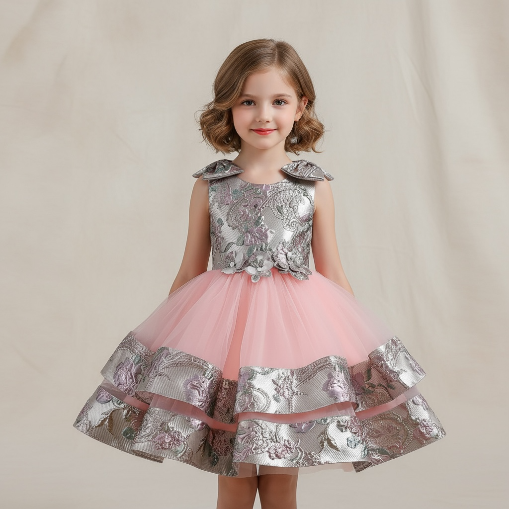 Elegante vestido de gala para niñas con un lazo en los hombros.