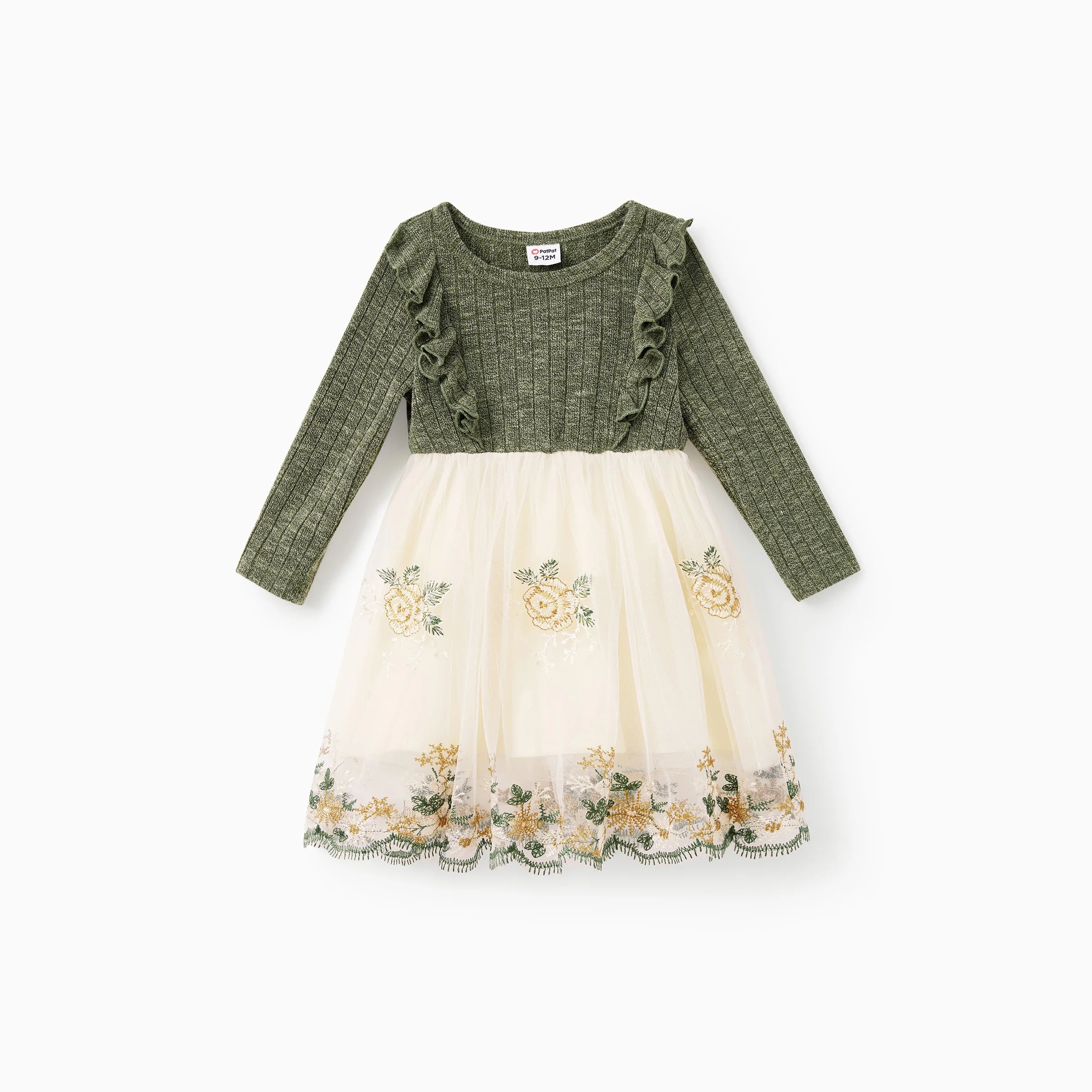 Robe enfant verte et crème avec volants sur le buste et broderies florales