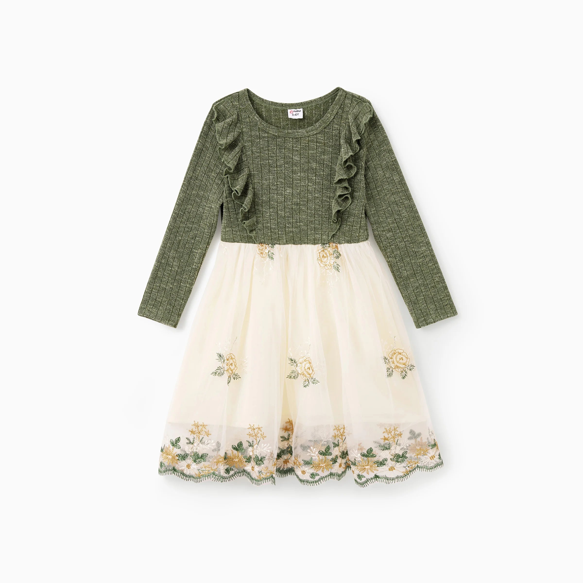 Robe fille automnale à manches longues vertes et jupe crème brodée de fleurs