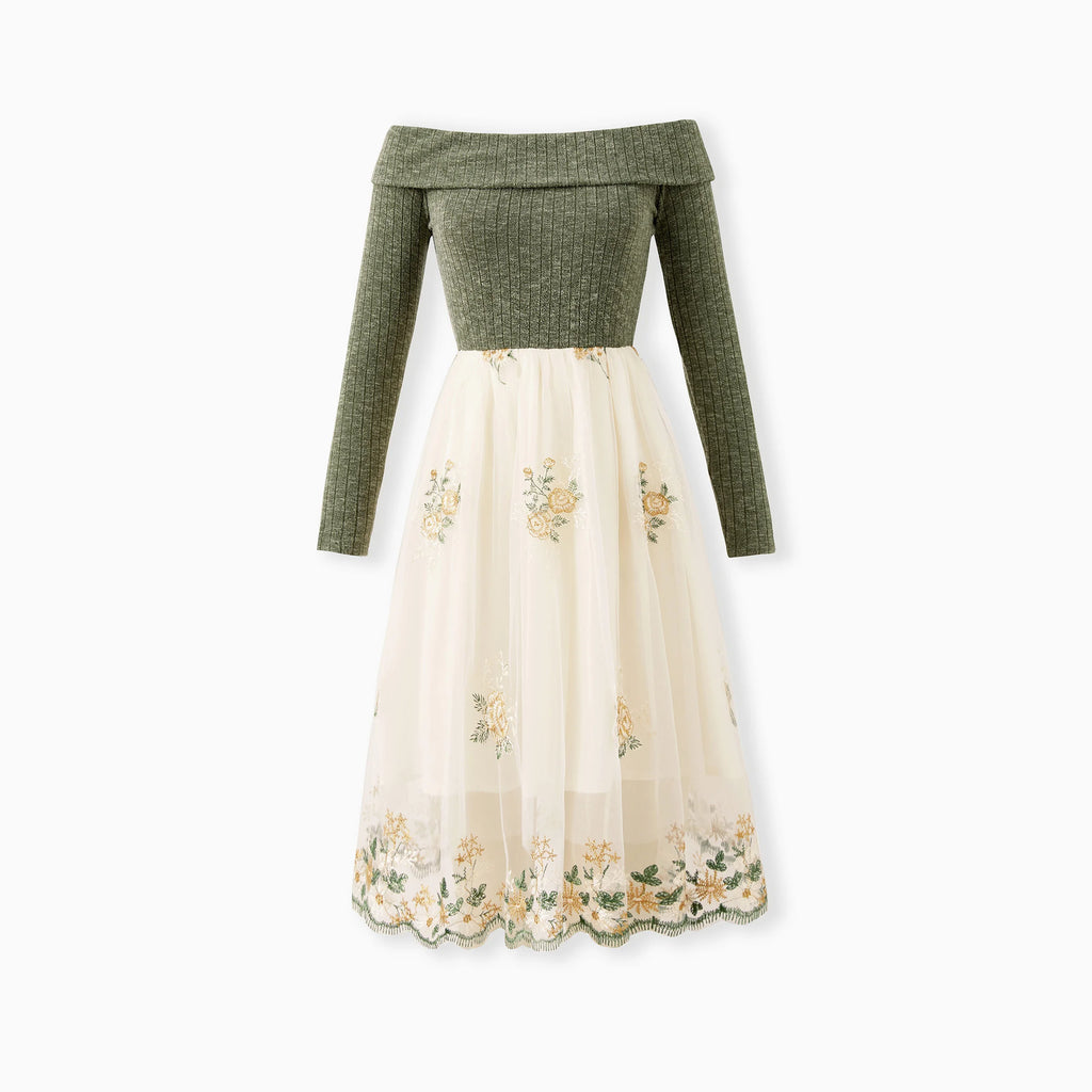 Robe femme automne à épaules dénudées vert olive et jupe crème à fleurs brodées