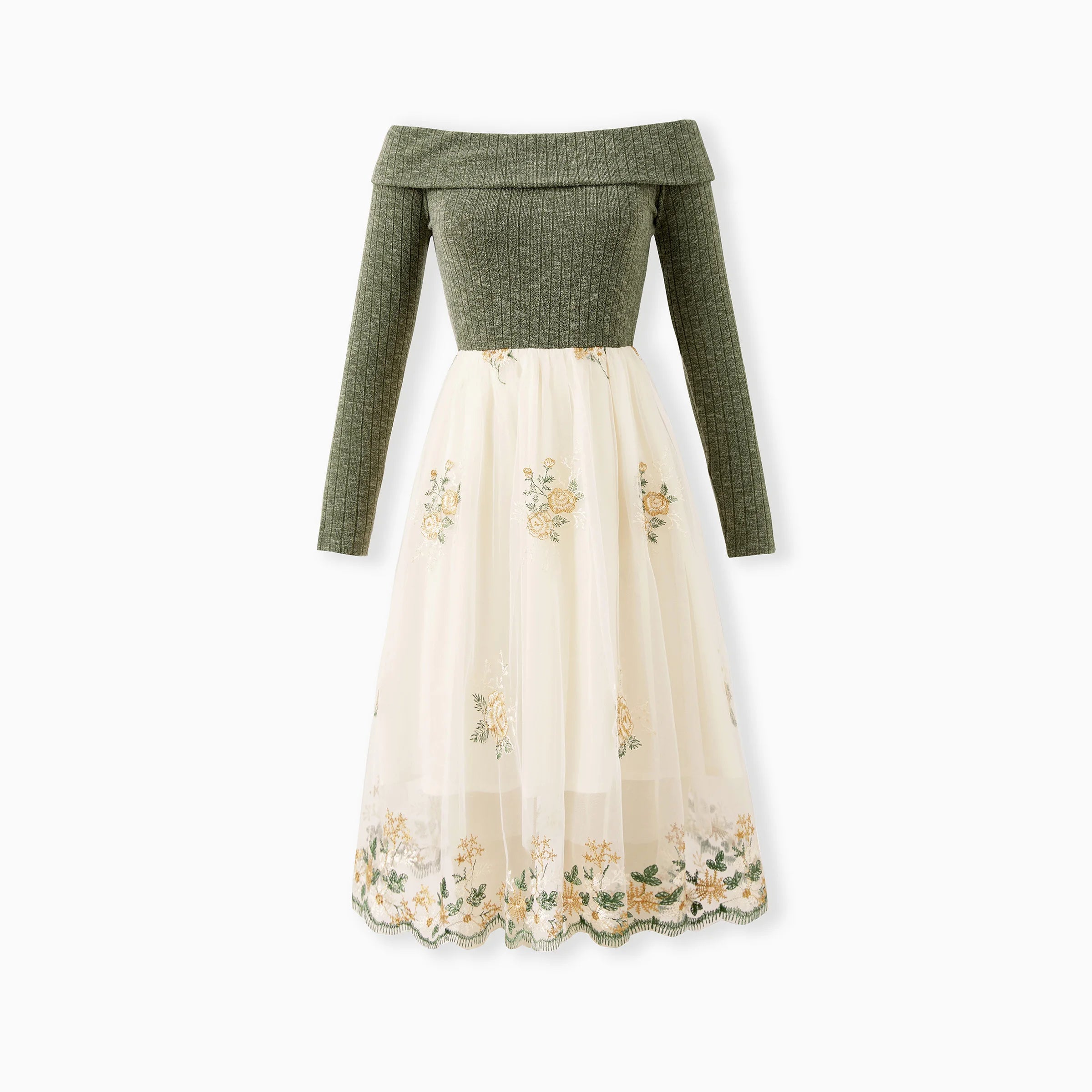 Robe femme automne à épaules dénudées vert olive et jupe crème à fleurs brodées
