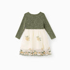 Robe enfant verte et crème avec volants sur le buste et broderies florales