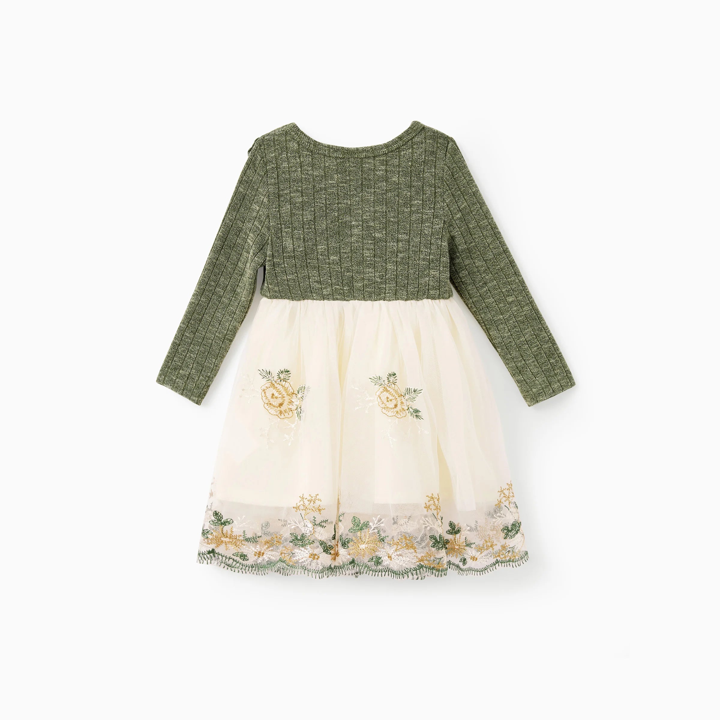 Robe enfant verte et crème avec volants sur le buste et broderies florales