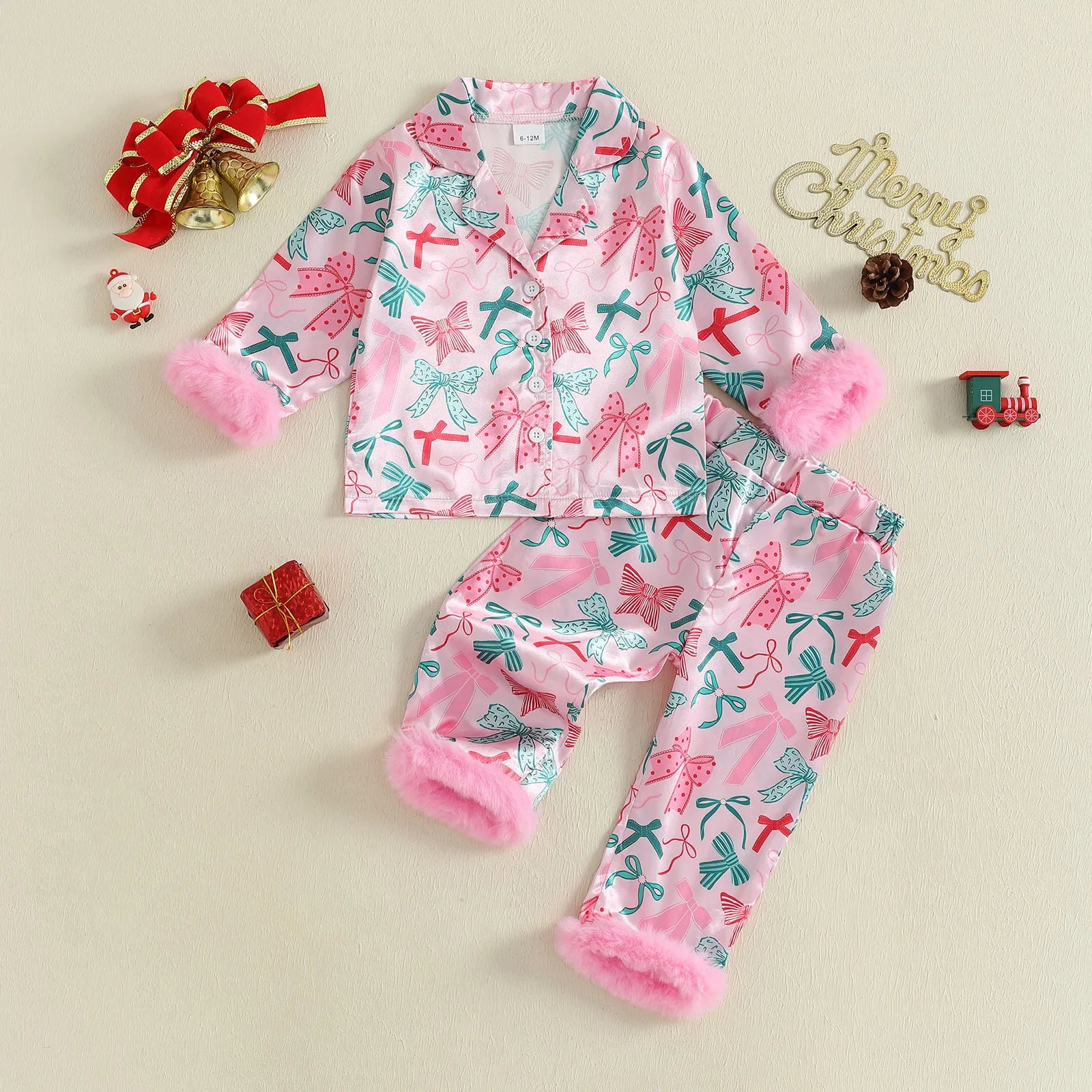 Pyjama fille rose clair nœud papillon – ensemble chaud hiver avec revers en fourrure