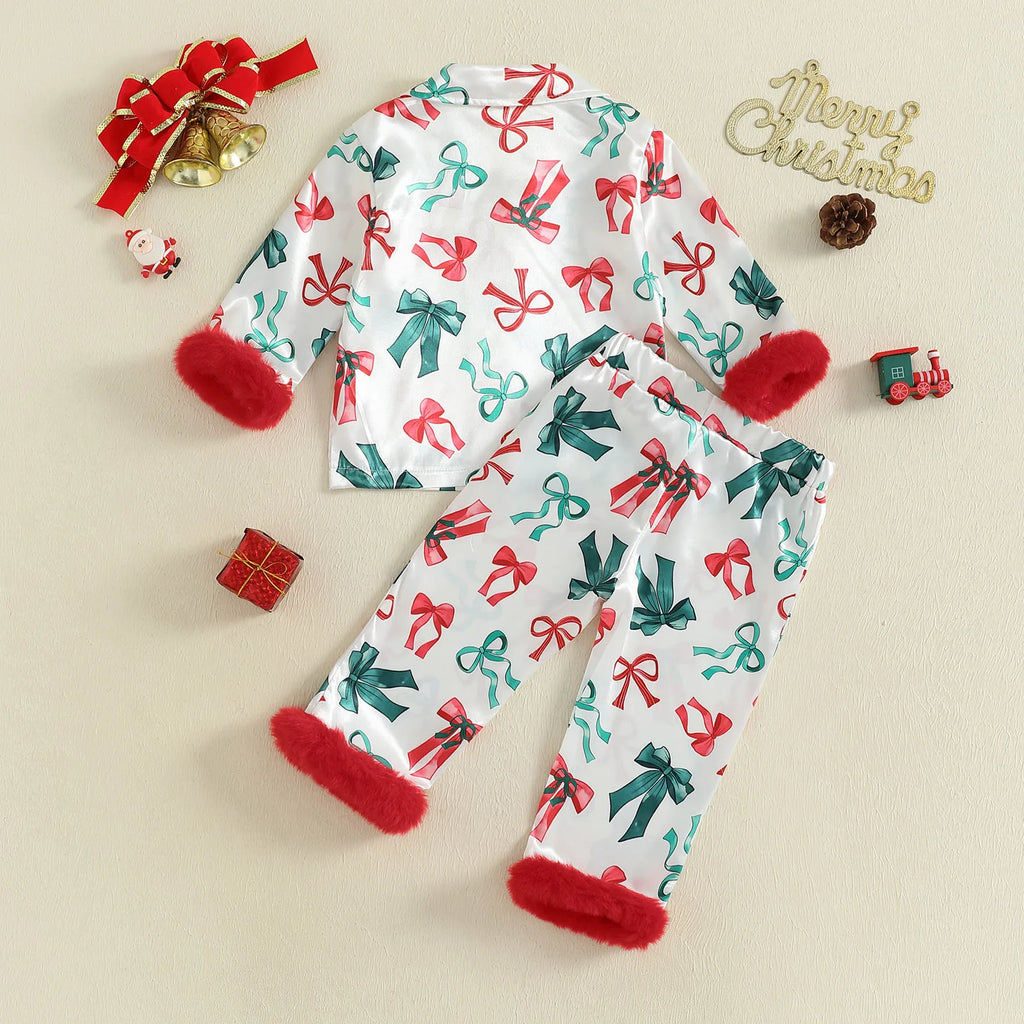 Pyjama fille rouge et vert nœuds papillon – tenue festive hiver 2 à 4 ans