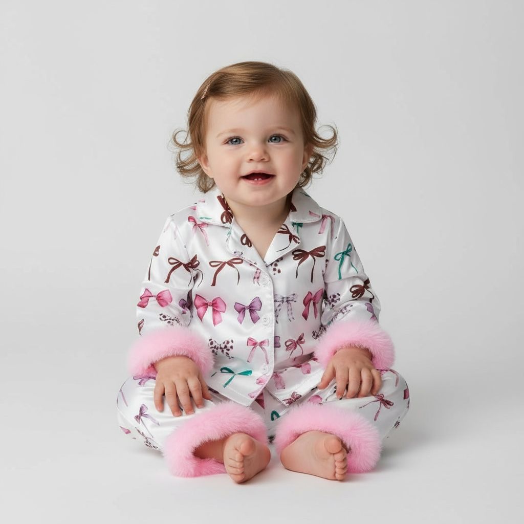 Pyjama bébé fille satiné nœuds colorés – ensemble chaud pour l’hiver 12 mois à 24 mois