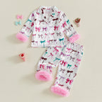 Ensemble pyjama fille blanc à nœuds multicolores – manches longues et bas à revers roses