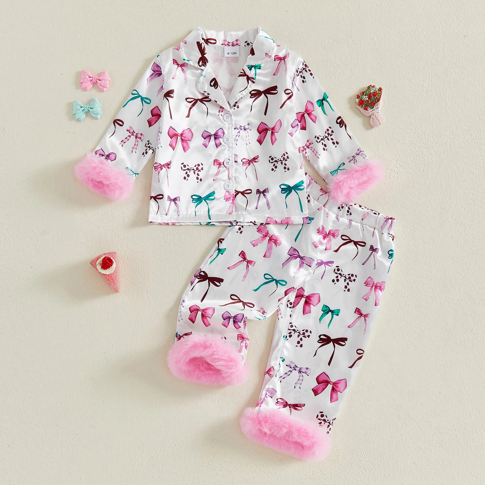 Ensemble pyjama fille blanc à nœuds multicolores – manches longues et bas à revers roses