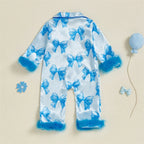 Vue dos pyjama bleu bébé fille satiné – tissu fluide et agréable sur la peau