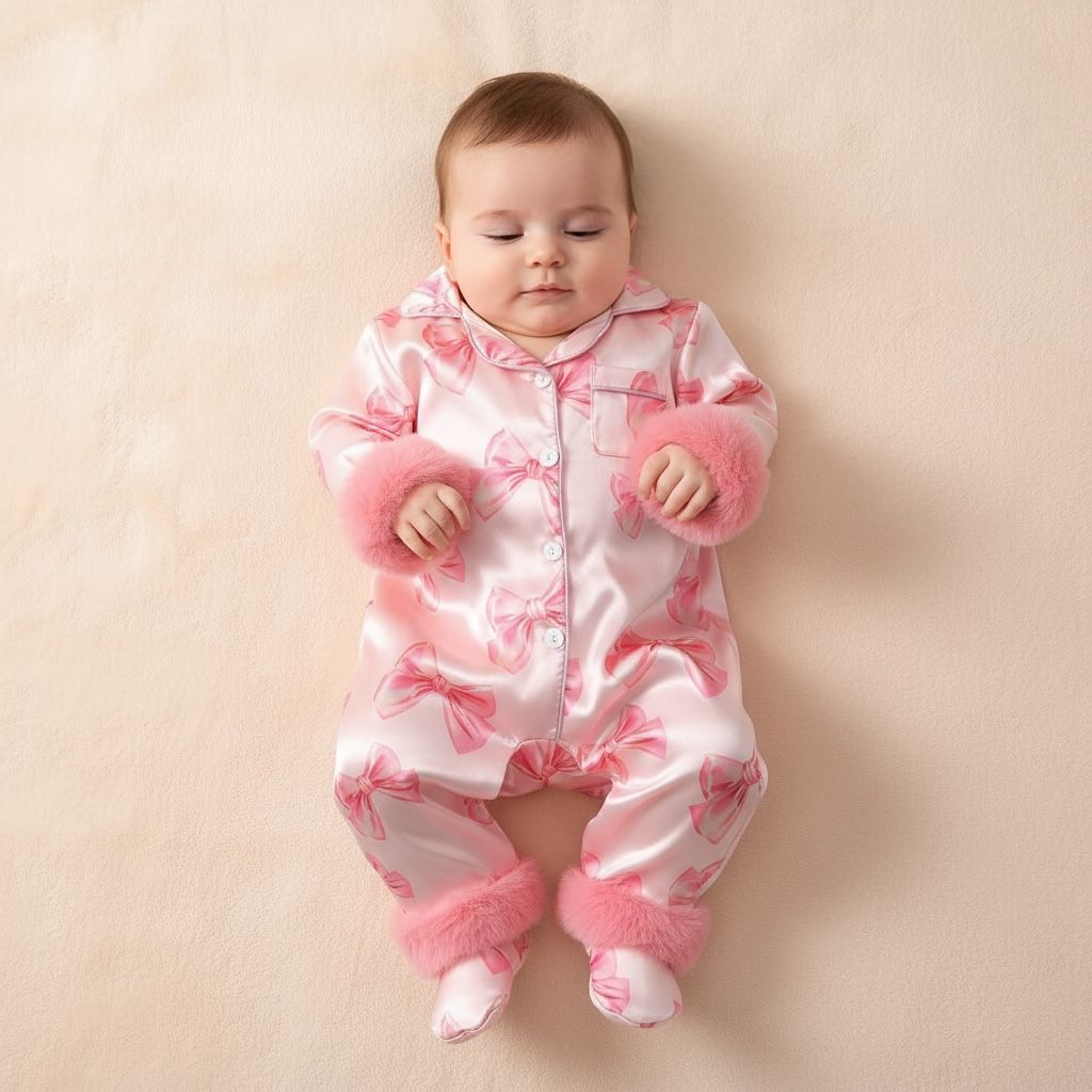 Bébé fille dormant dans une barboteuse rose satinée à nœuds papillon – pyjama doux 6 mois