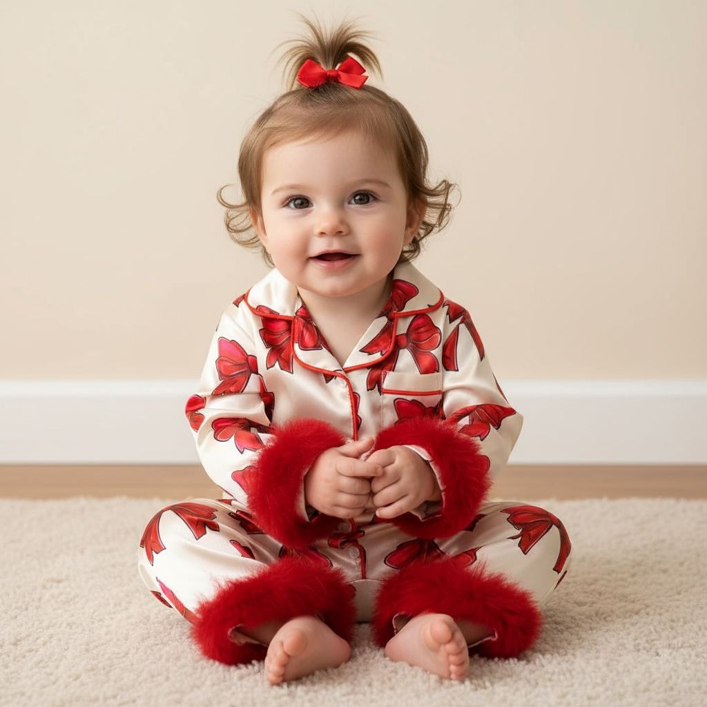Bébé fille portant une barboteuse rouge satinée à nœuds papillon – pyjama élégant 12 mois